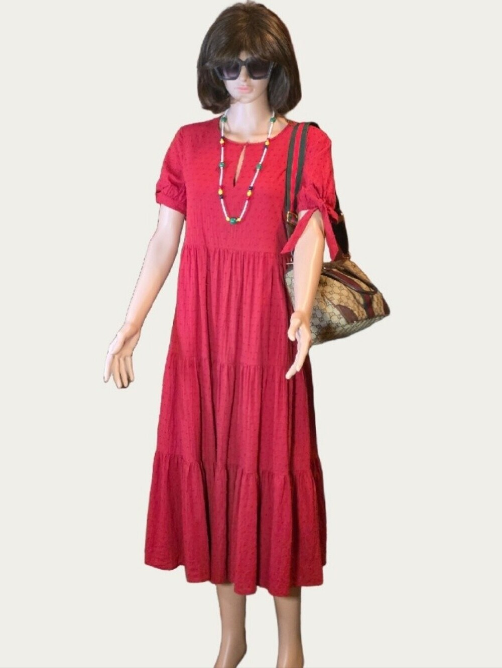 Madewell 100% Cotton Tie-Sleeve Tiered Midi Dress Red Swiss Dot Fabric EUC S